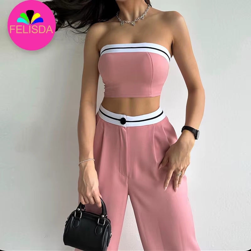 Summer Sporty Crop Top Pants Set Elegant Tracksuit Women Tank Tops Y2K Sweatshirts Trousers Matching Set Two 2 Piece Pants Set